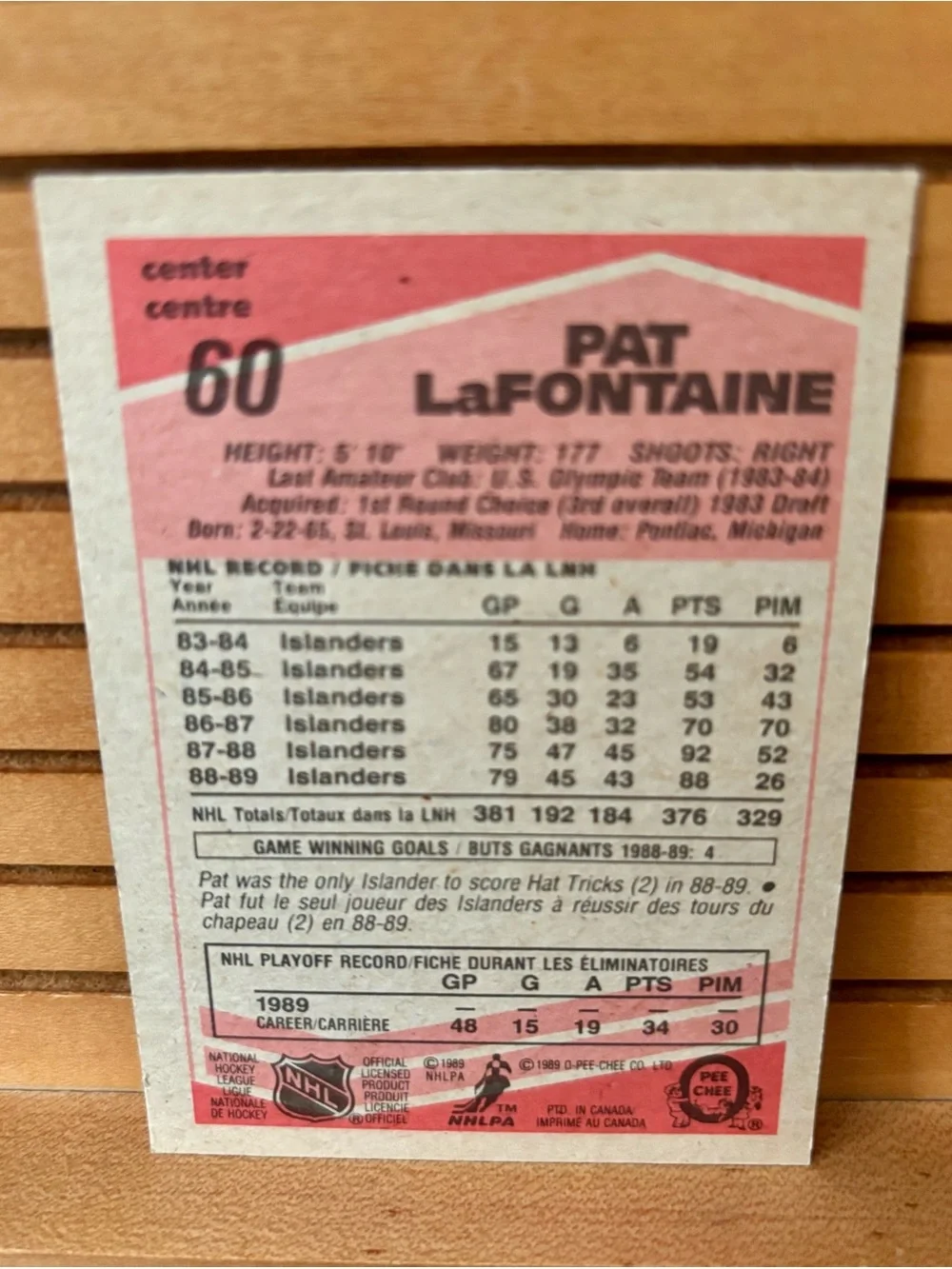 Pat LaFontaine New York Islanders SIGNED Hockey Card with COA
